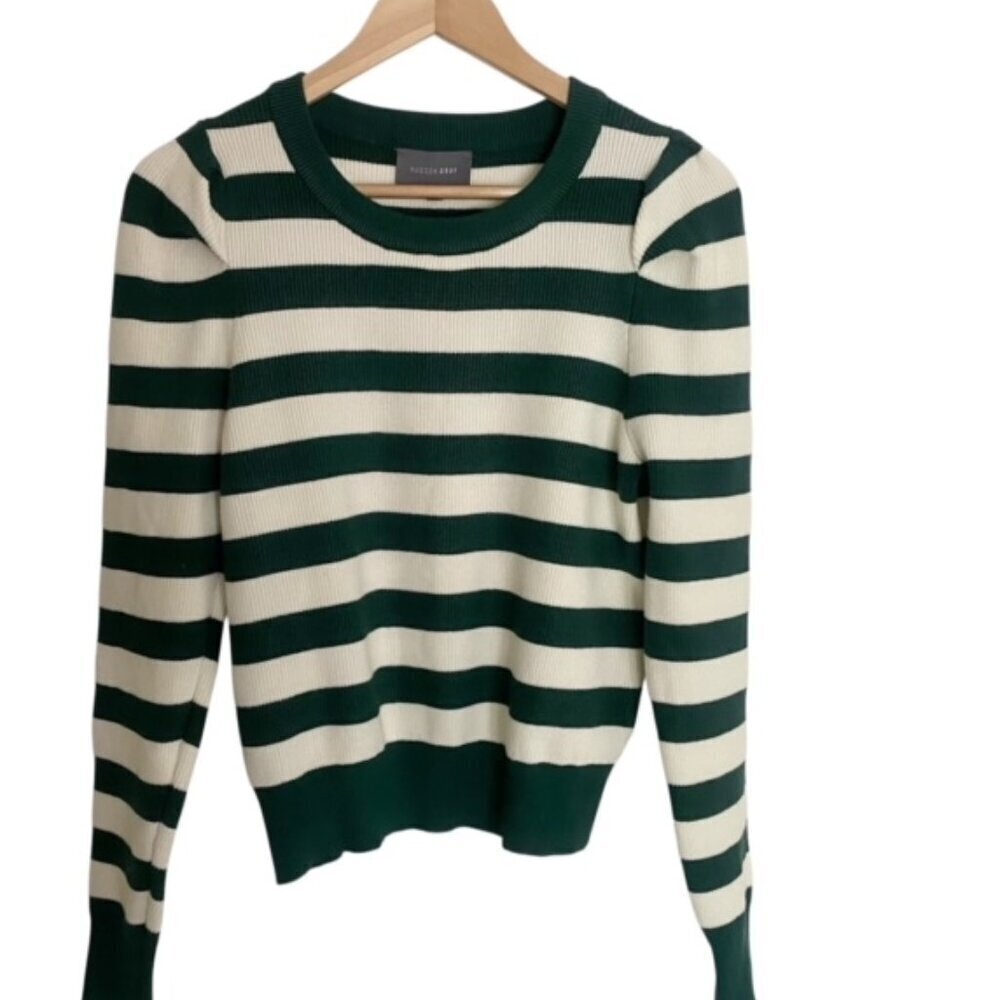 Hudson Gray Green Striped Puff Sleeve Sweater Small